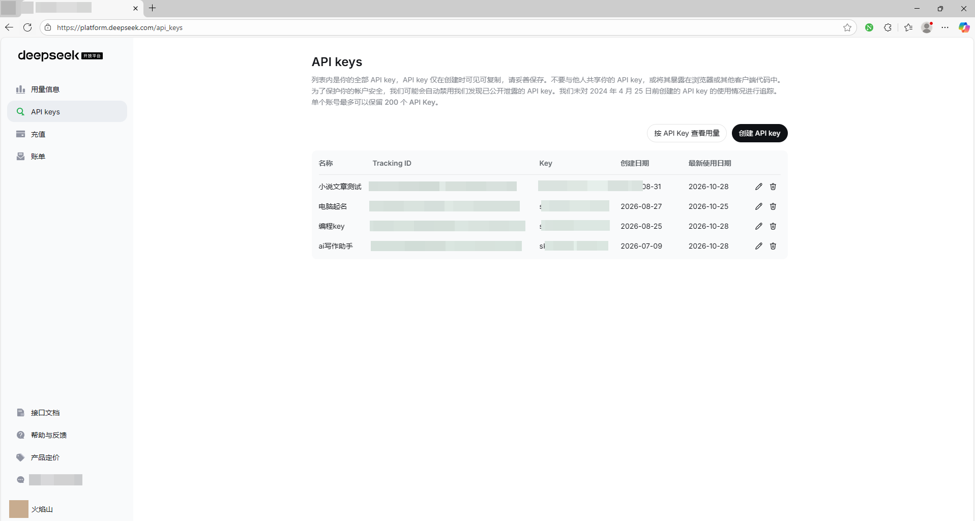 DeepSeek 开放平台 API keys 列表